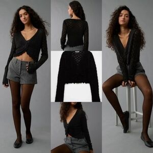 American Eagle Black Pointelle Knit Twist Front Sweater, Size XS